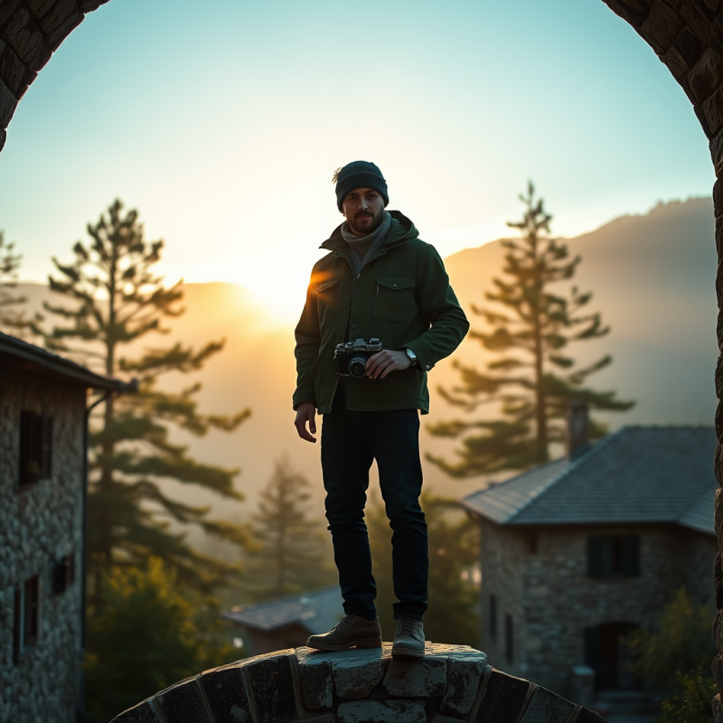 Lone Traveler in a Moss-green Suede Jacket Stands Atop ...
