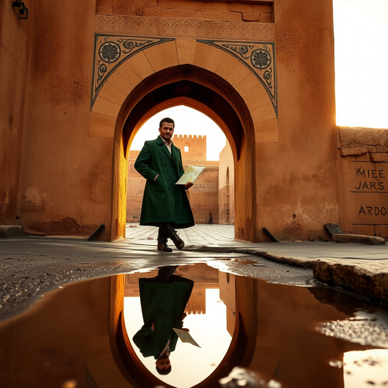 Lone Traveler in a Moss-green Trench Coat Leans Against...