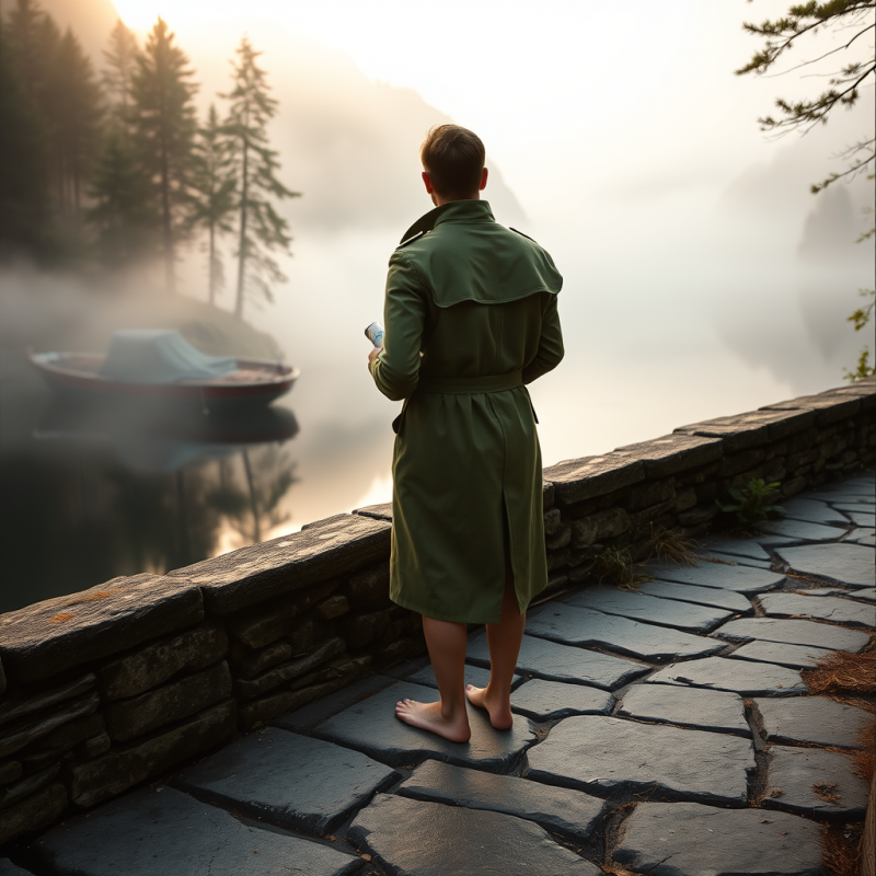 Lone Traveler in a Moss-green Vintage Trench Coat Stand...
