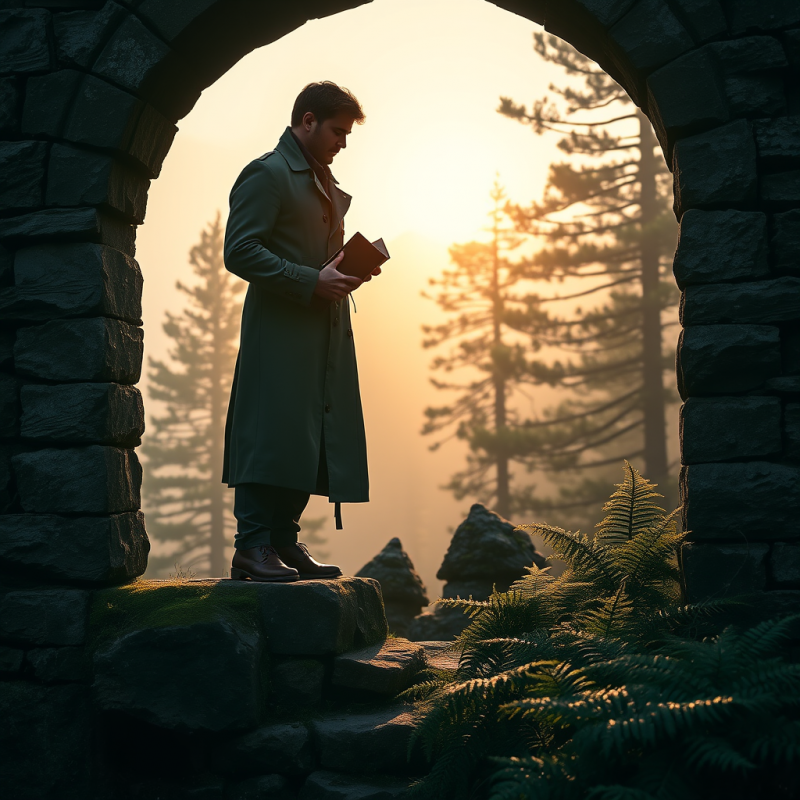 Lone Traveler in a Moss-stained Trench Coat Stands Atop...