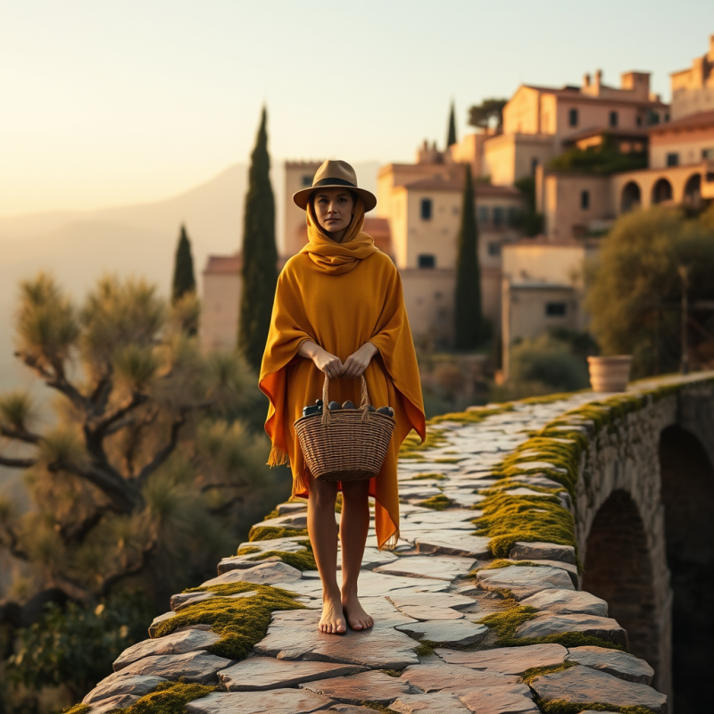 Lone Traveler in a Mustard-yellow Poncho and Fedora Sta...