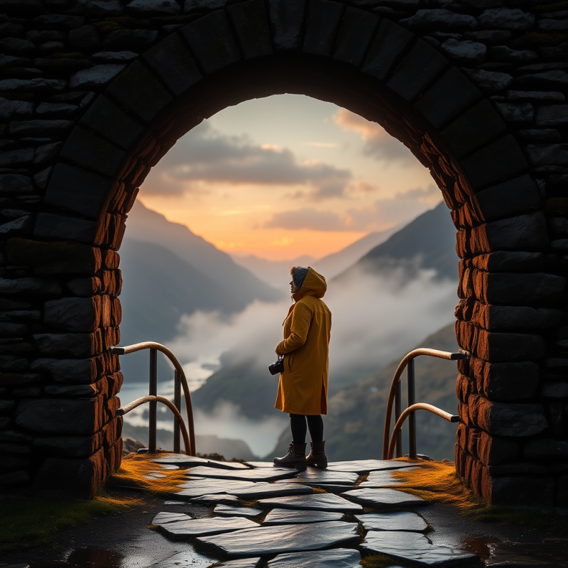 Lone Traveler in a Mustard-yellow Raincoat Stands on a ...