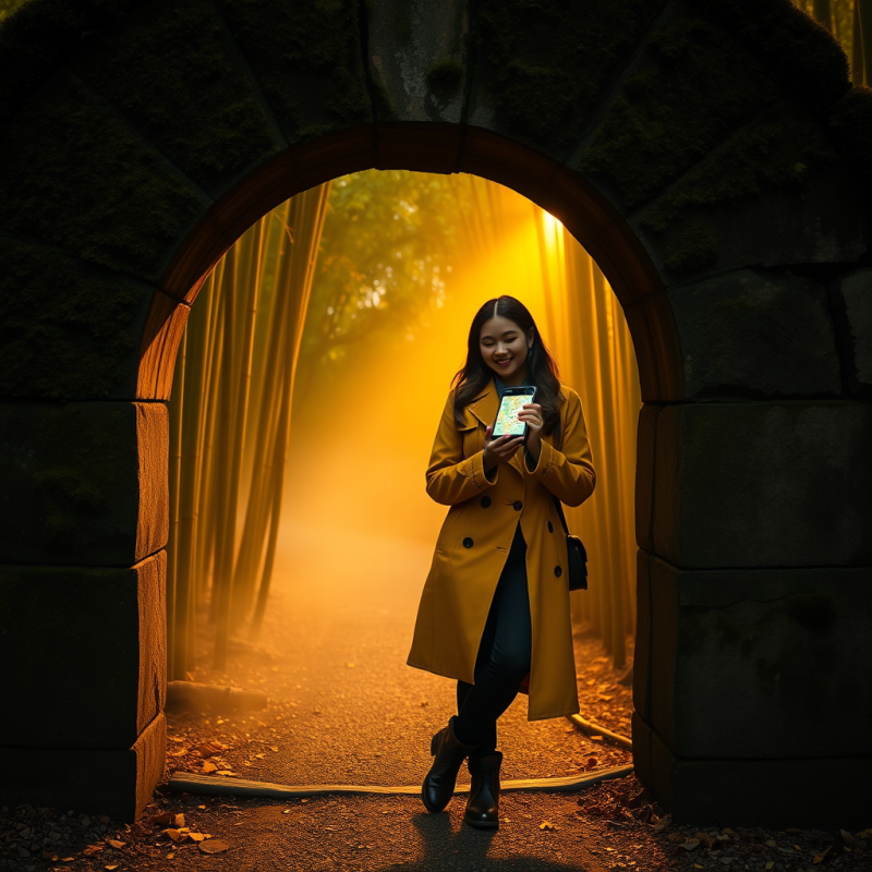 Lone Traveler in a Mustard-yellow Trench Coat Leans Aga...