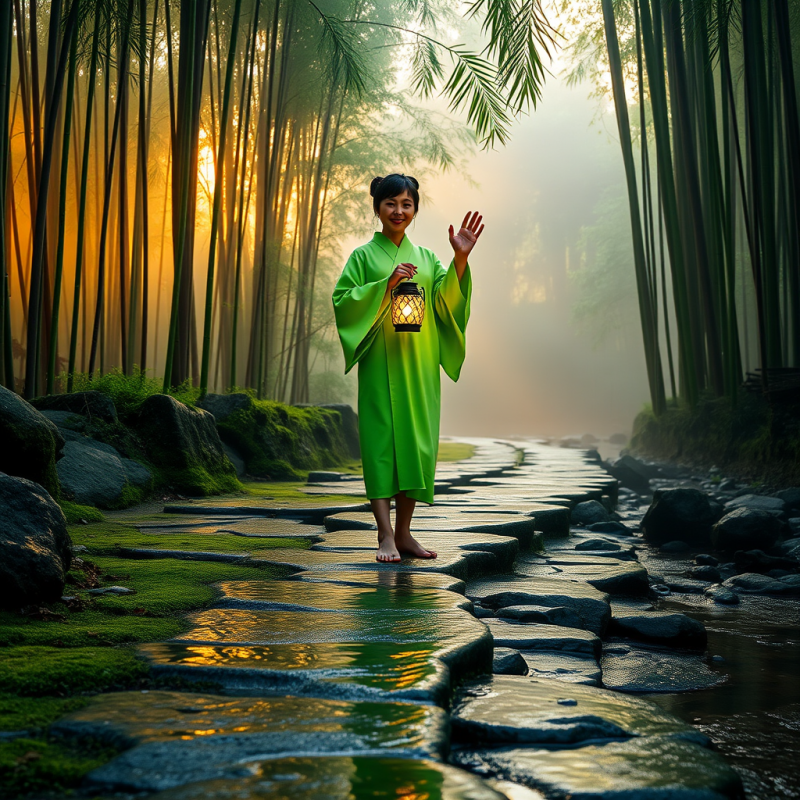 Lone Traveler in a Neon-green Kimono Stands Barefoot On...