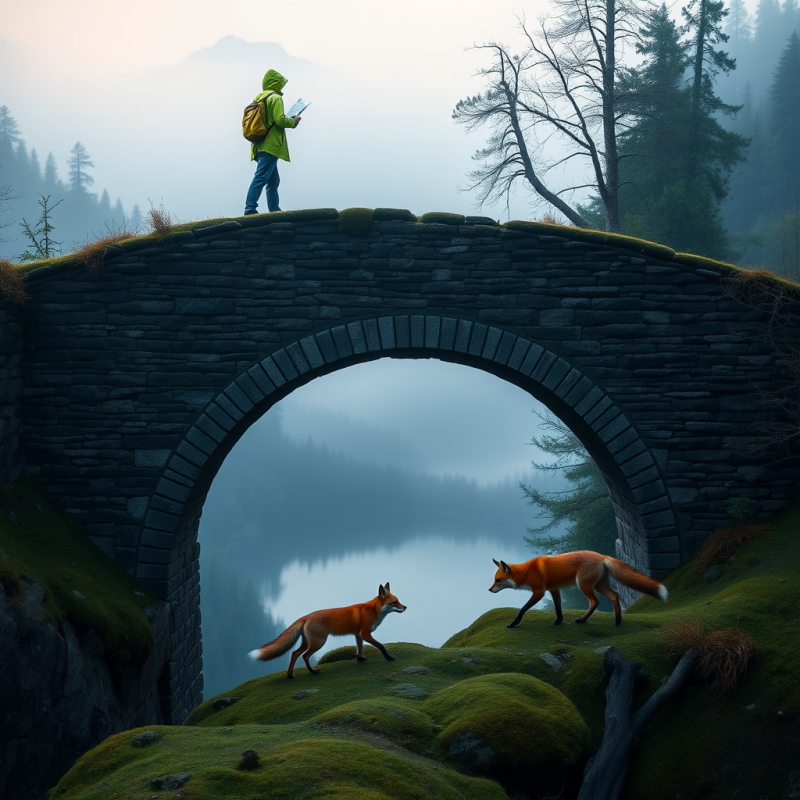 Lone Traveler in a Neon-green Raincoat Stands Atop a Mo...