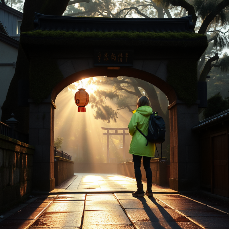 Lone Traveler in a Neon-green Raincoat Stands Atop a Mo...