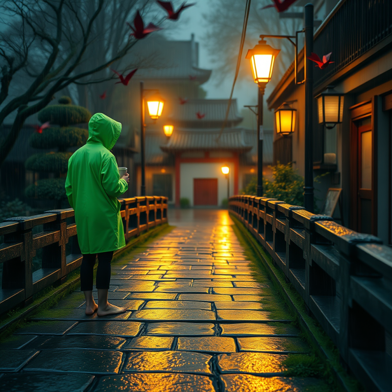 Lone Traveler in a Neon-green Raincoat Stands Barefoot ...