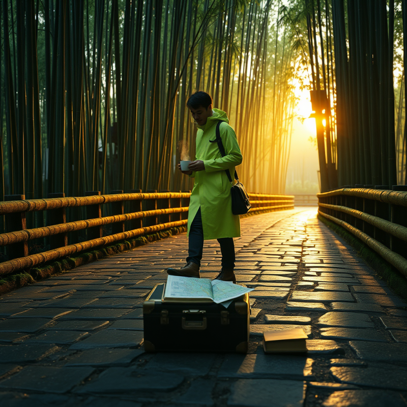 Lone Traveler in a Neon-green Raincoat Stands Mid-strid...