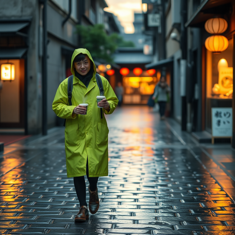 Lone Traveler in a Neon-green Raincoat Stands Mid-strid...