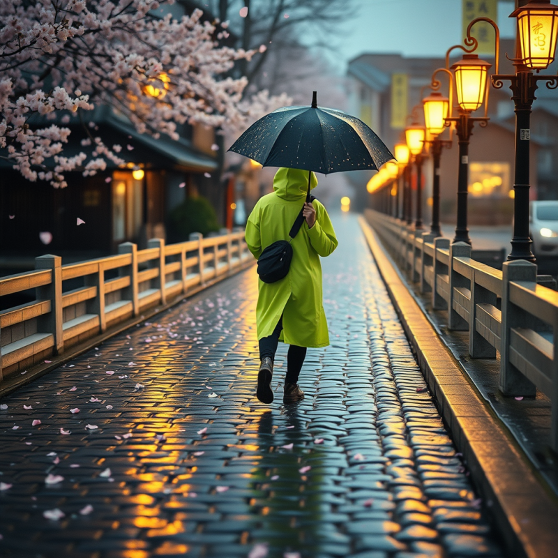 Lone Traveler in a Neon-green Raincoat Stands Mid-strid...