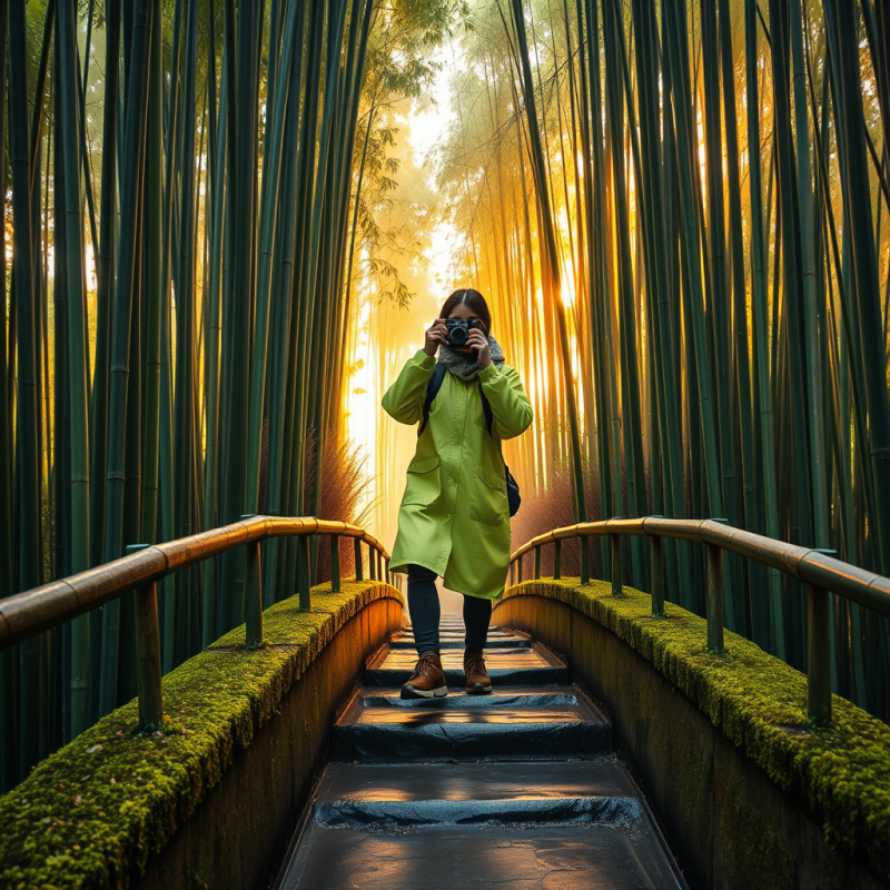Lone Traveler in a Neon-green Raincoat Stands Mid-step ...