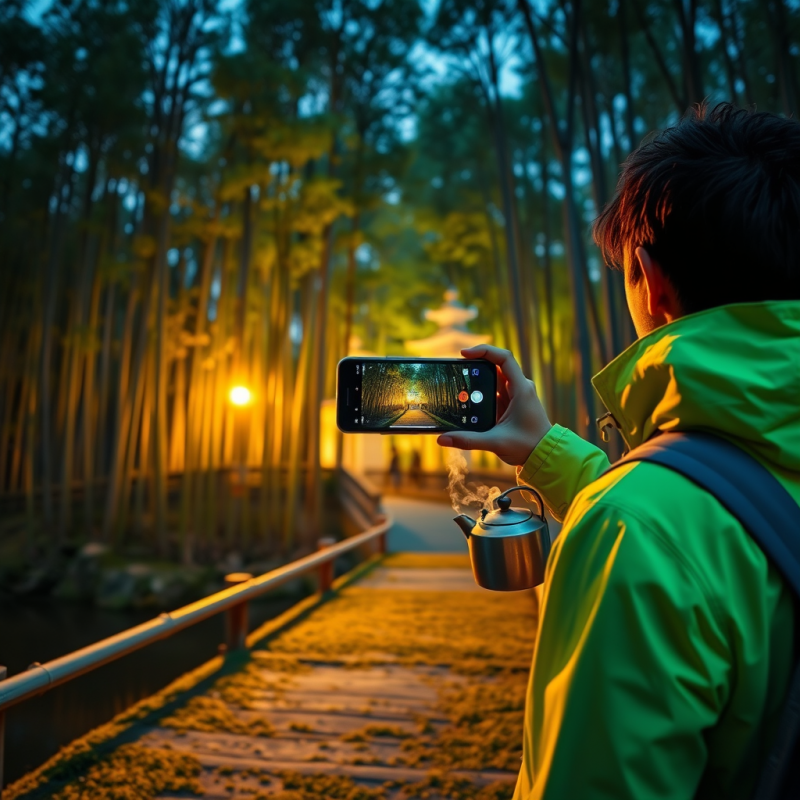 Lone Traveler in a Neon-green Raincoat Stands on a Moss...