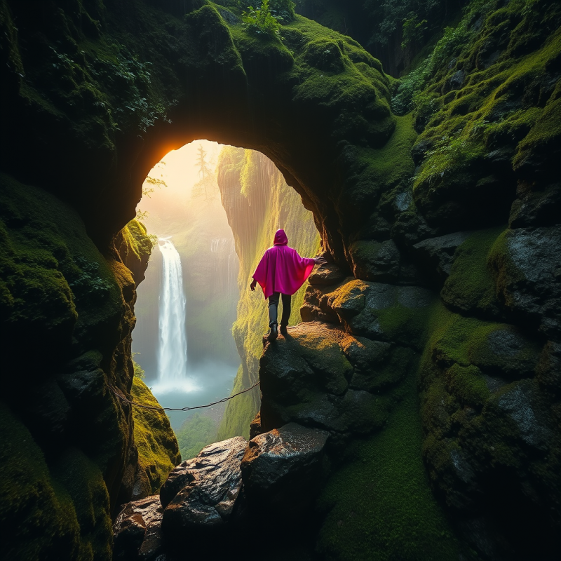 Lone Traveler in a Neon-pink Poncho Perched on a Moss-c...