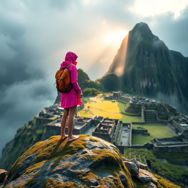 Lone Traveler in a Neon-pink Raincoat Stands Barefoot O...