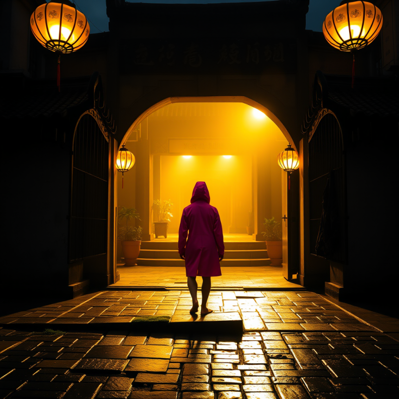 Lone Traveler in a Neon-pink Raincoat Stands Barefoot O...