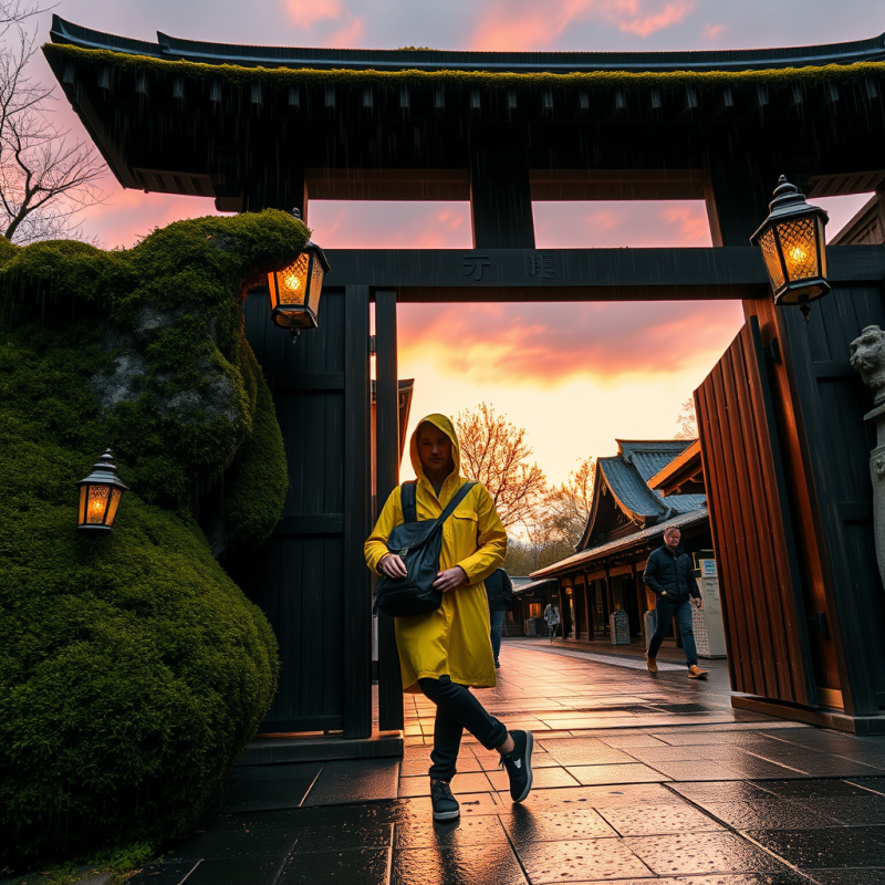 Lone Traveler in a Neon-yellow Raincoat Leans Against A...