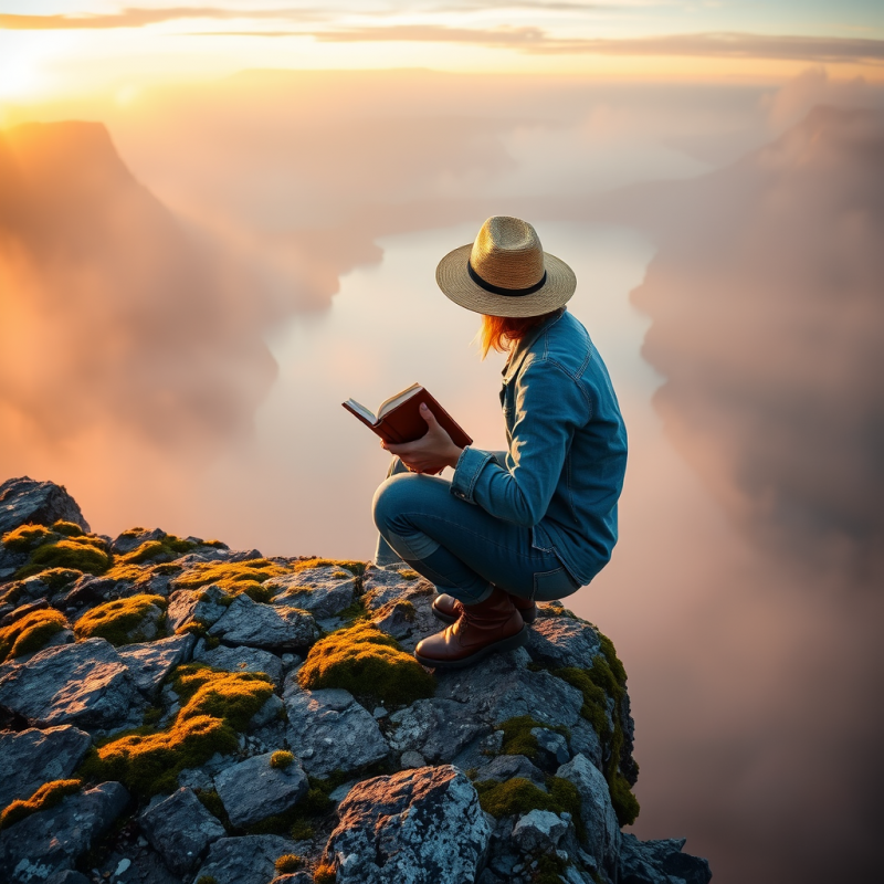 Lone Traveler in a Patchwork of Faded Denim and a Straw...