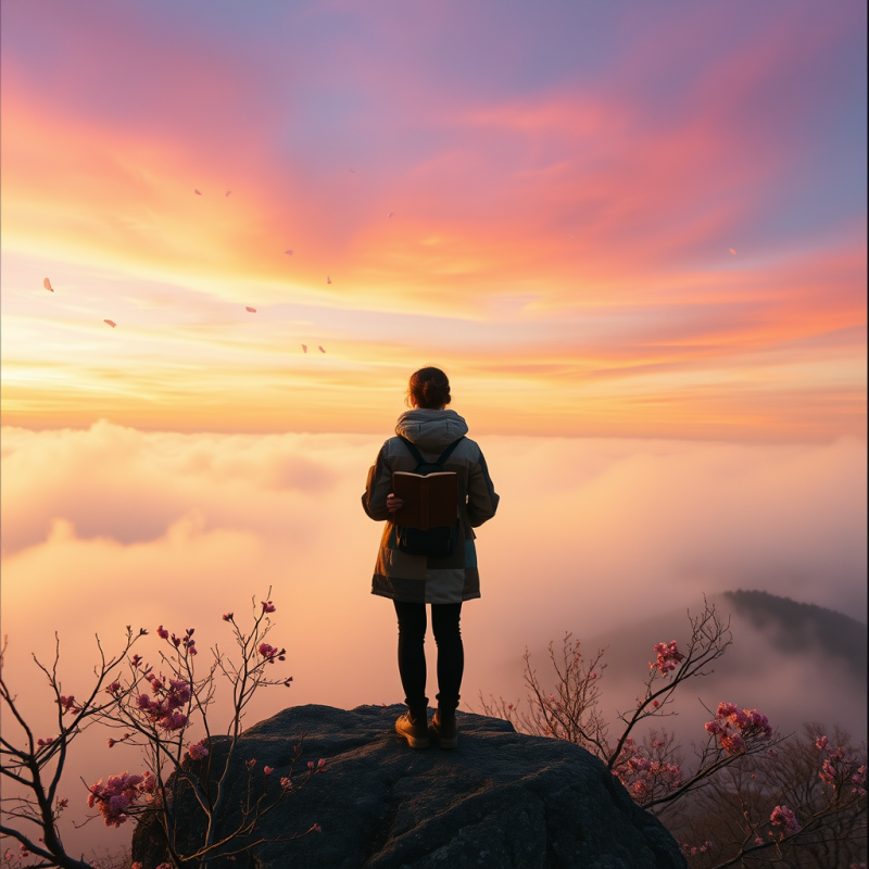 Lone Traveler in a Patchwork Quilt Jacket Stands Atop A...