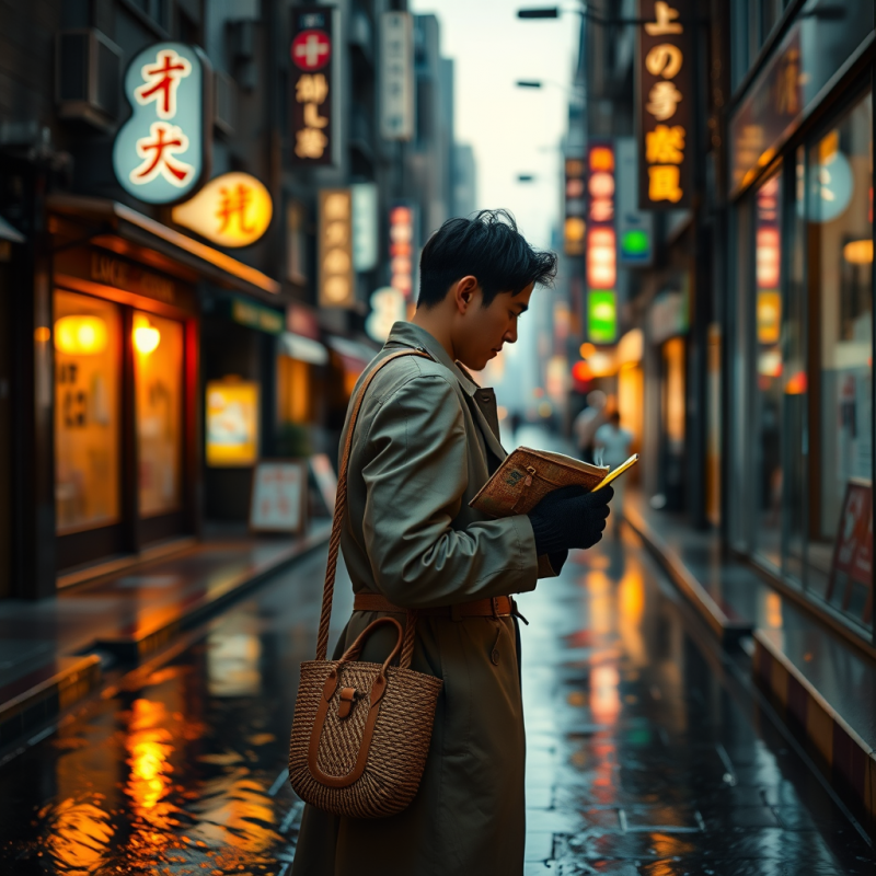 Lone Traveler in a Rain-slicked Tokyo Alley at Golden Hour