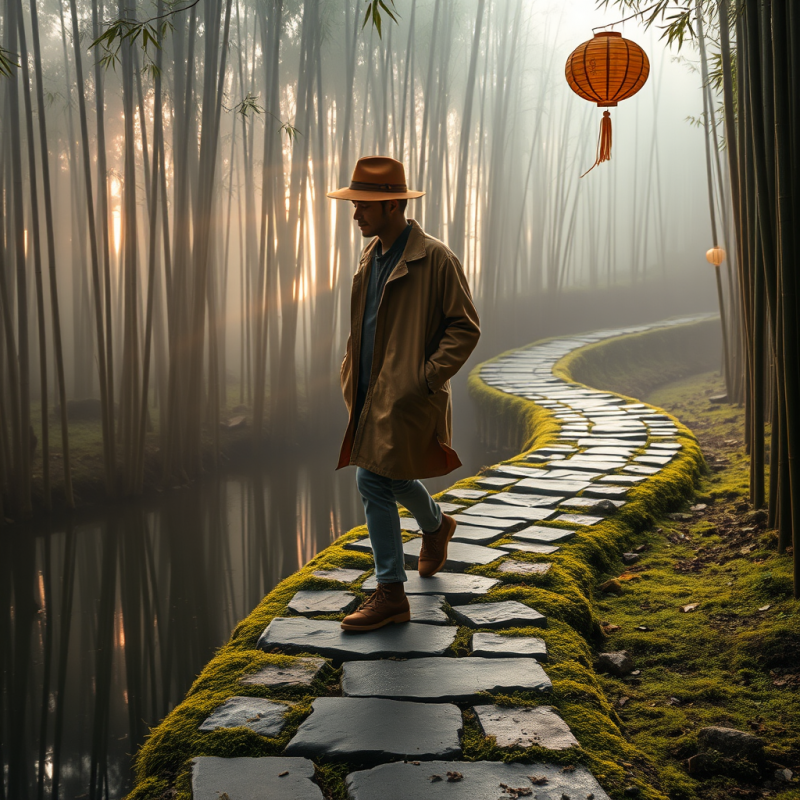 Lone Traveler in a Rust-colored Fedora and Oversized Su...