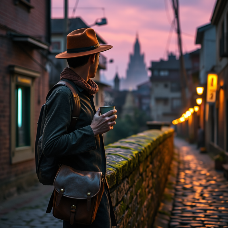 Lone Traveler in a Rust-colored Fedora and Vintage Leat...