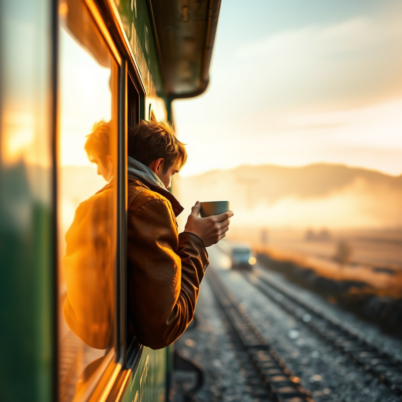 Lone Traveler in a Rust-colored Leather Jacket Leans Ou...