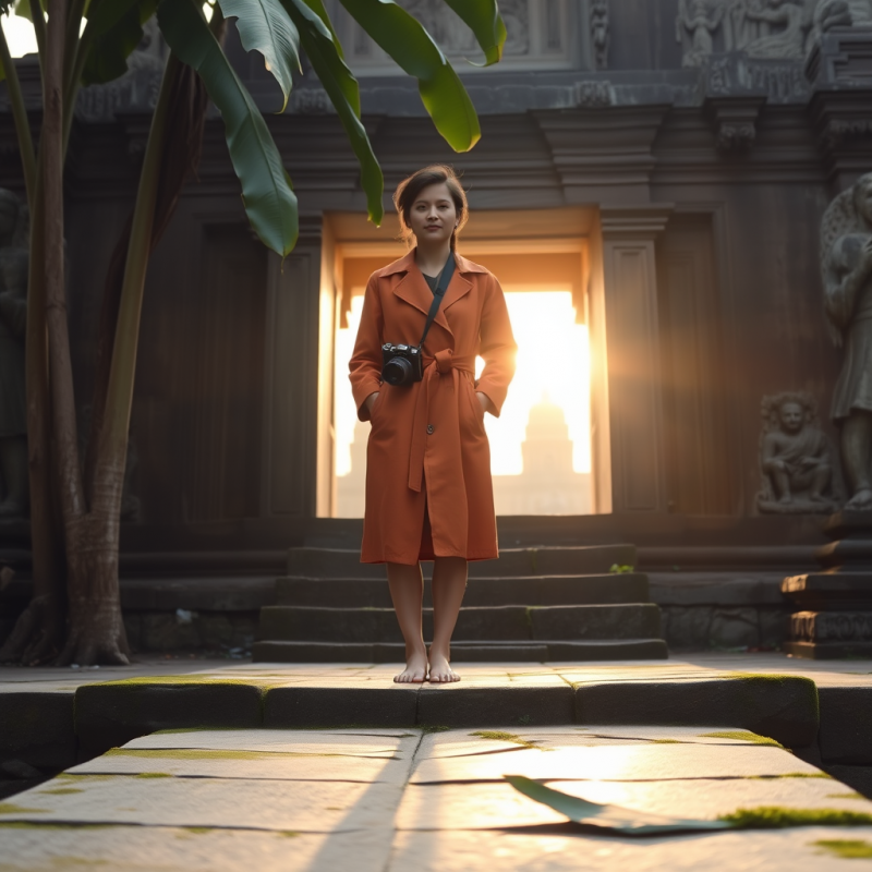 Lone Traveler in a Rust-colored Linen Trench Coat Stand...