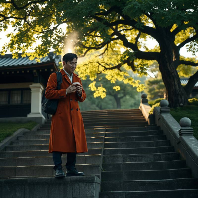 Lone Traveler in a Rust-colored Trench Coat Stands Atop...