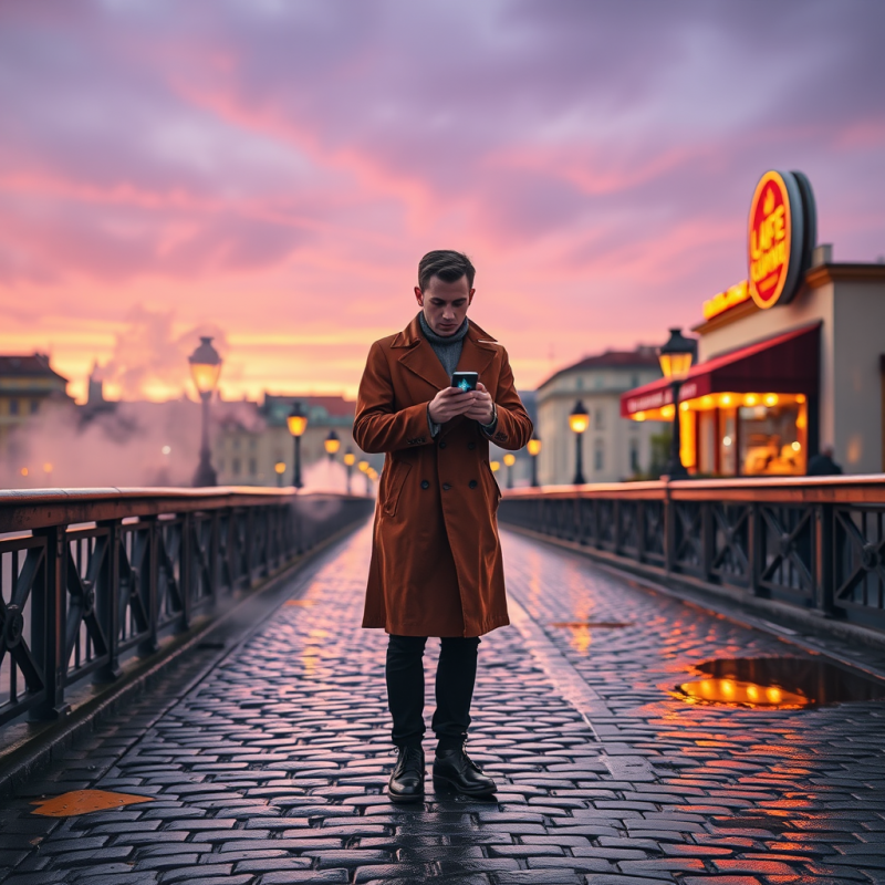 Lone Traveler in a Rust-colored Trench Coat Stands on A...