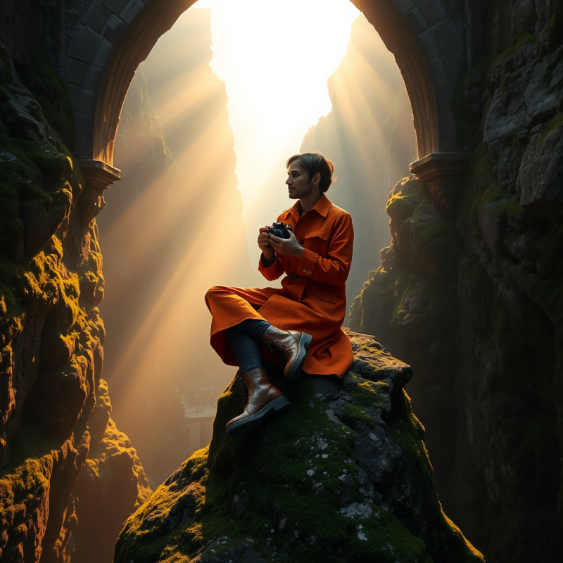 Lone Traveler in a Rust-orange Trench Coat Sits Cross-l...