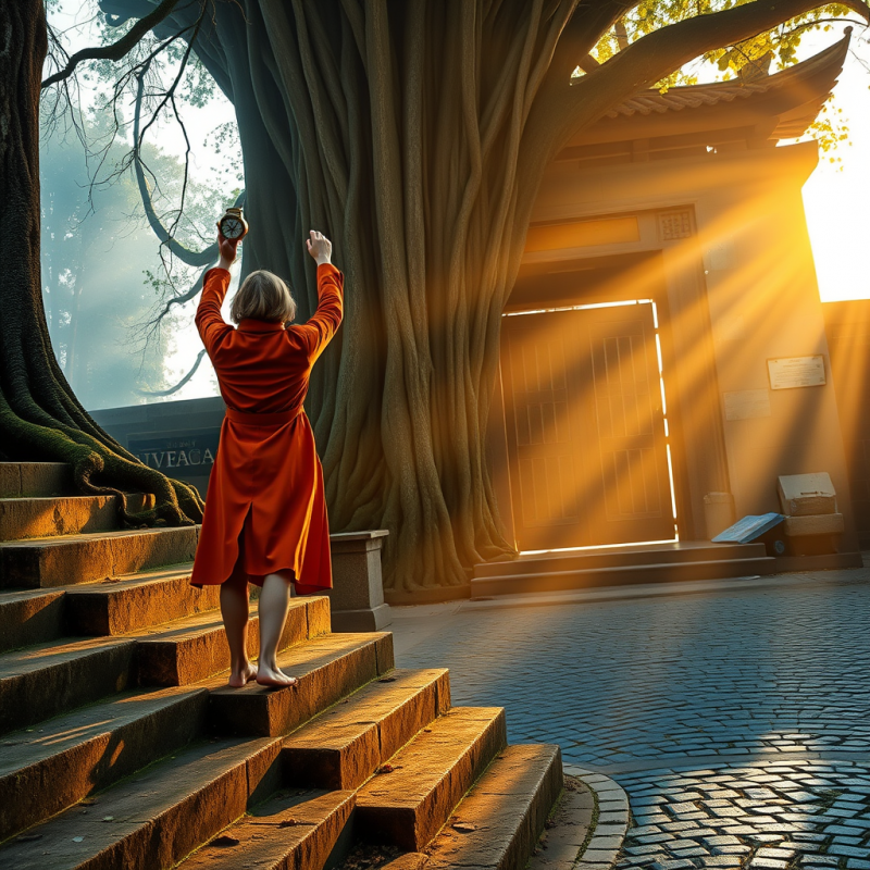 Lone Traveler in a Rust-orange Trench Coat Stands Baref...