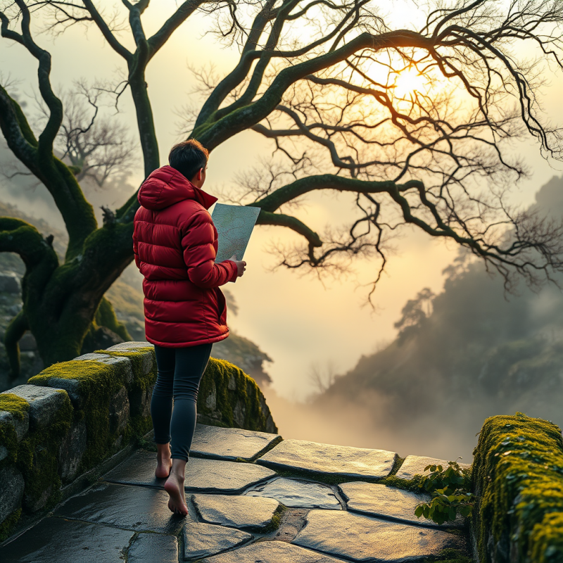 Lone Traveler in a Rust-red Puffer Jacket Stands Barefo...