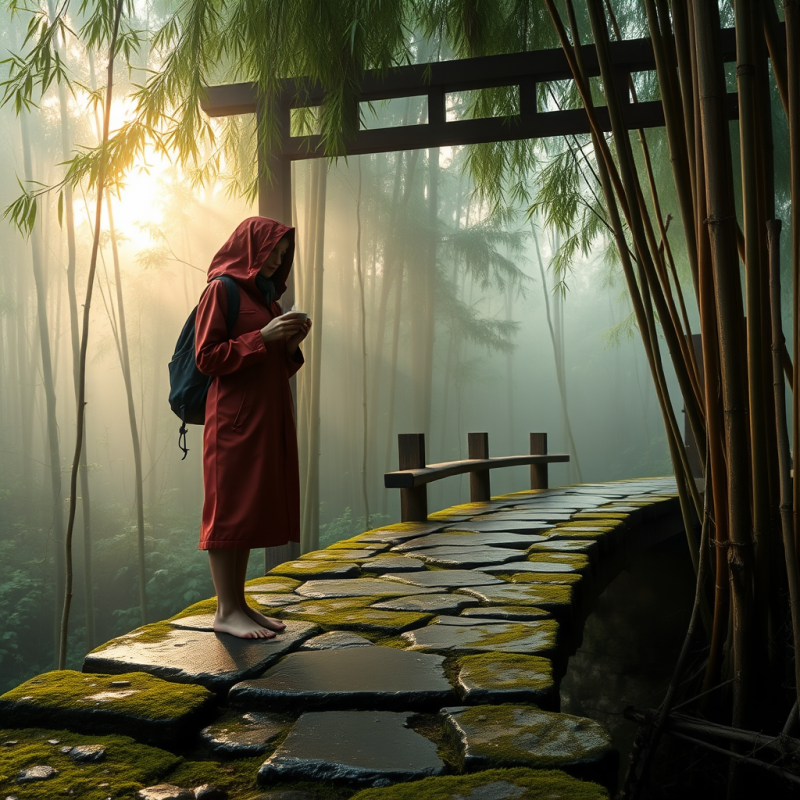 Lone Traveler in a Rust-red Raincoat Stands Barefoot On...