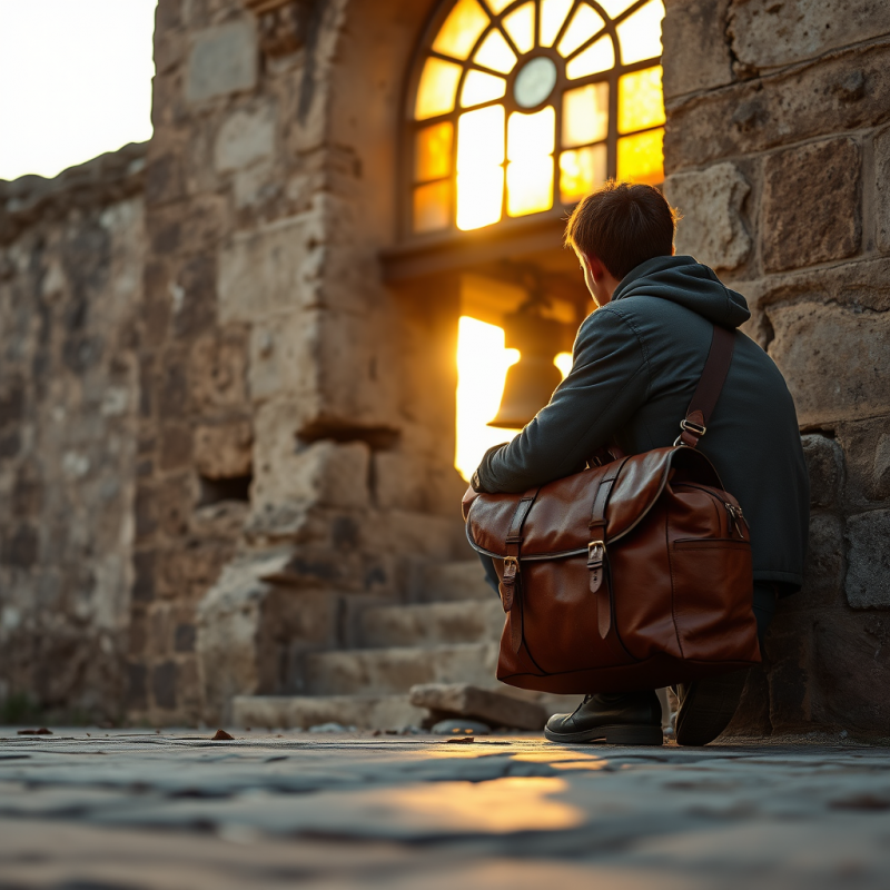 Lone Traveler in a Rust-streaked Leather Satchel Crouch...