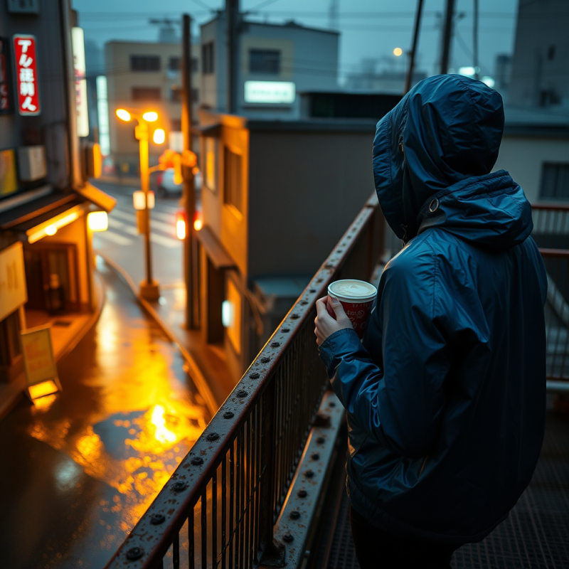 Lone Traveler in a Shimmering Cobalt Windbreaker Stands...