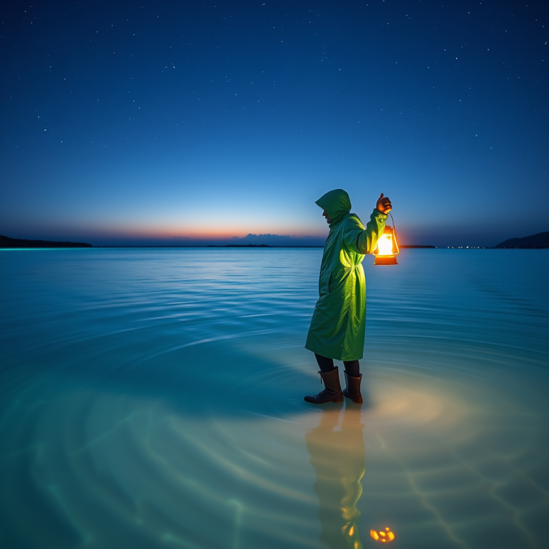 Lone Traveler in a Shimmering Emerald Raincoat Stands A...