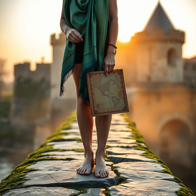 Lone Traveler in a Shimmering Emerald Silk Scarf Stands...