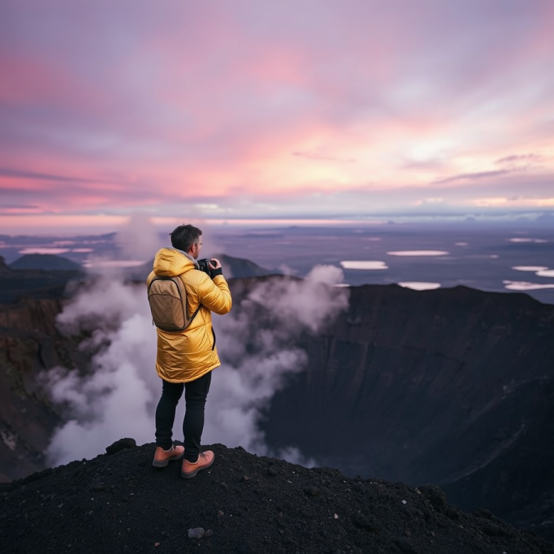 Lone Traveler in a Shimmering Gold Jacket Stands Atop A...