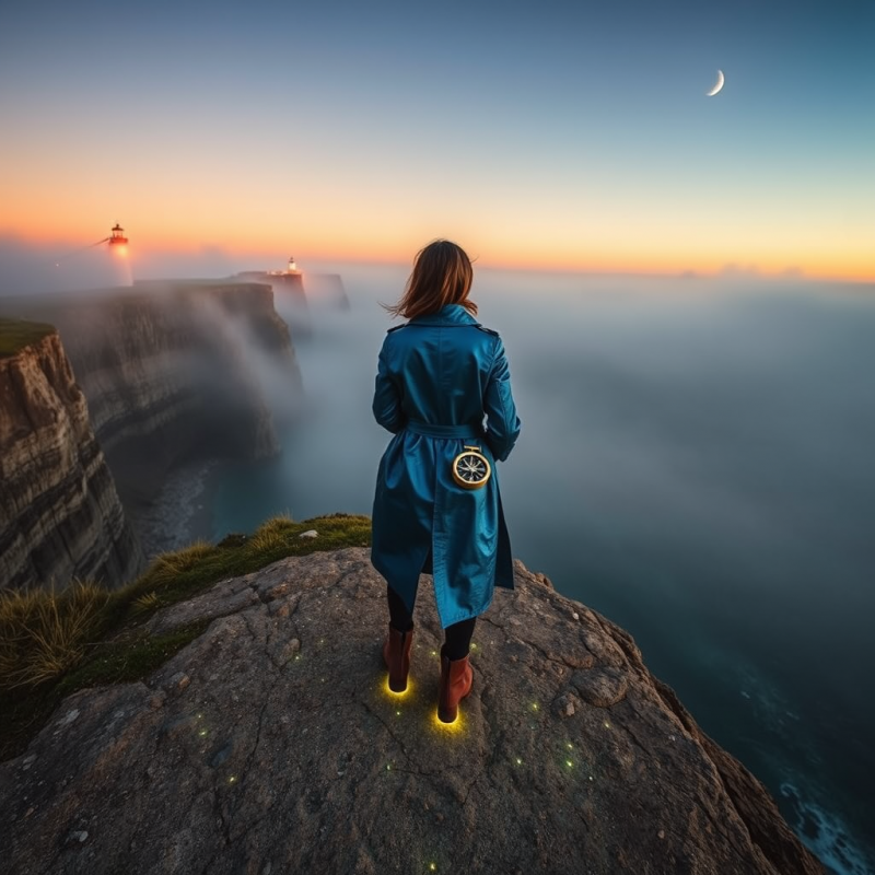 Lone Traveler in a Shimmering Indigo Trench Coat Stands...