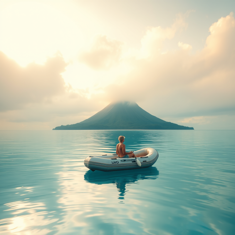 Lone Traveler in a Shimmering Silver Inflatable Raft Gl...