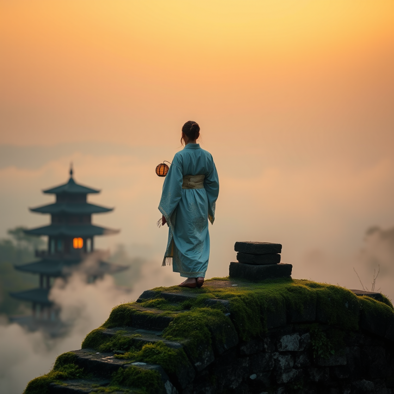 Lone Traveler in a Shimmering Silver Kimono Perches Ato...
