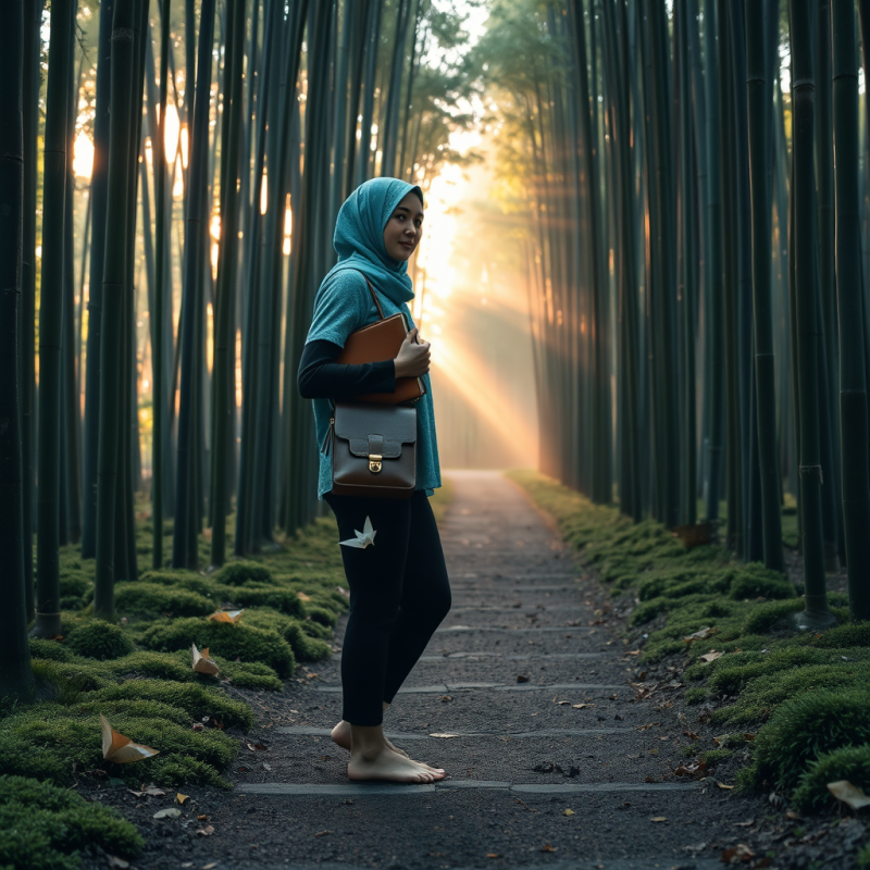 Lone Traveler in a Shimmering Turquoise Hijab Stands Ba...