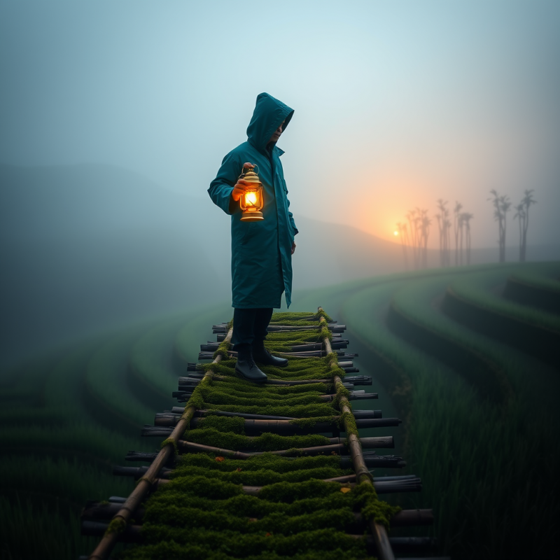 Lone Traveler in a Teal Raincoat Stands Atop a Moss-cov...