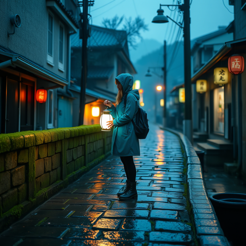 Lone Traveler in a Teal Raincoat Stands on a Moss-cover...