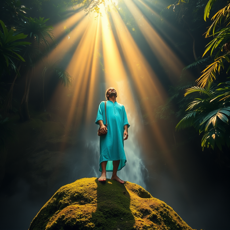Lone Traveler in a Turquoise Kaftan Stands Barefoot on ...