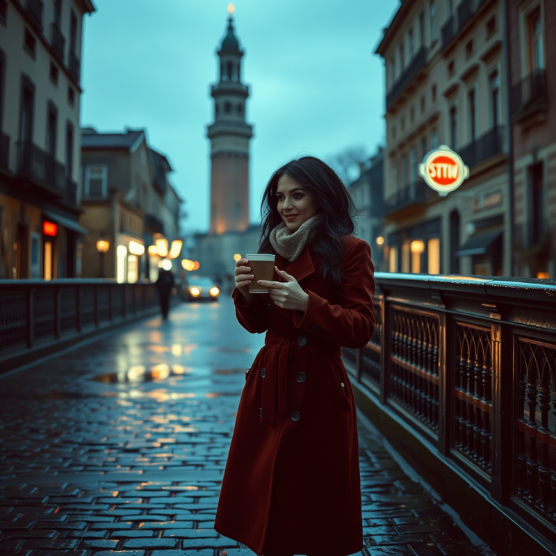 Lone Traveler in a Velvet-trimmed Trench Coat Stands On...