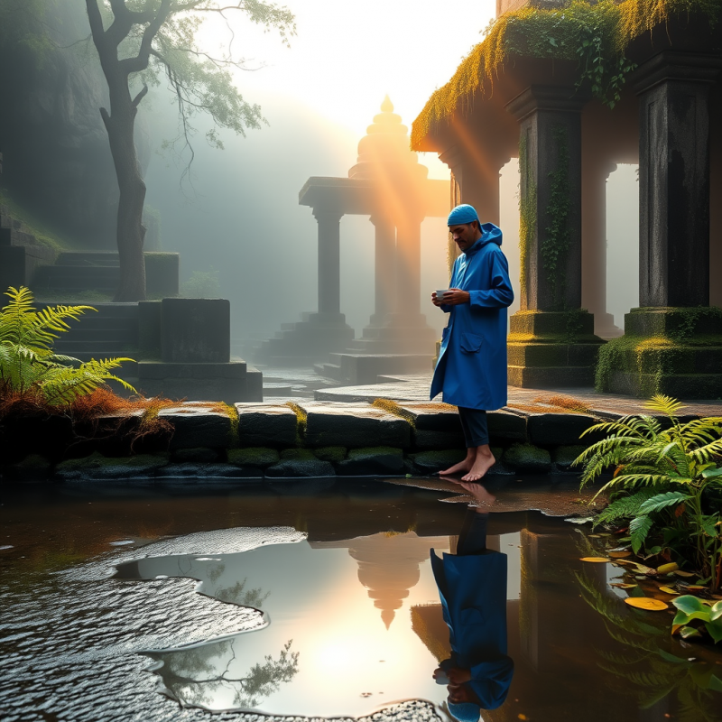 Lone Traveler in a Vibrant Cobalt Raincoat Stands Baref...