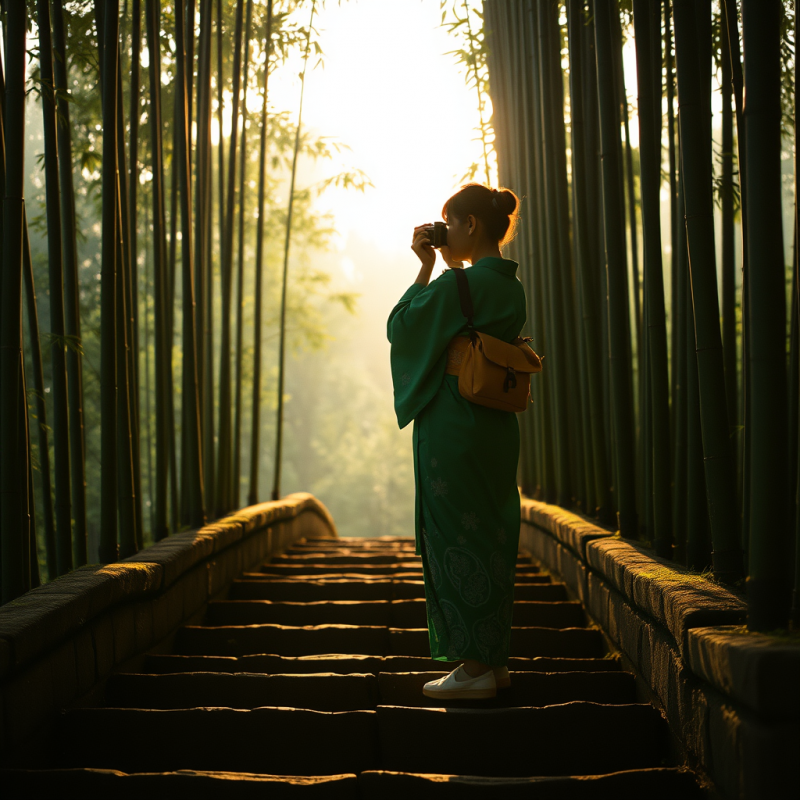 Lone Traveler in a Vibrant Emerald-green Kimono Stands ...