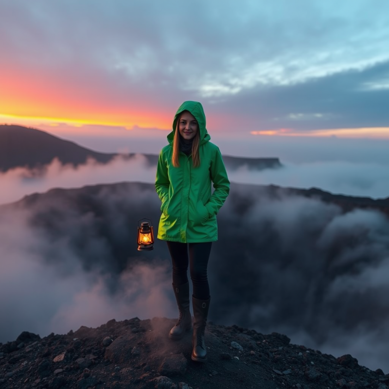 Lone Traveler in a Vibrant Emerald Raincoat Stands Atop...