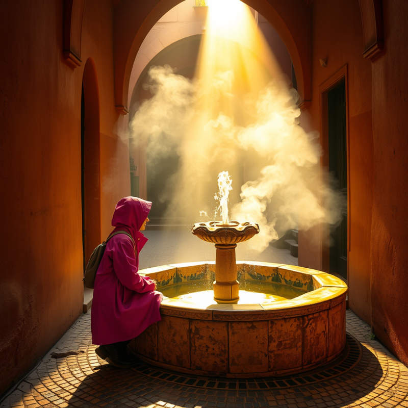 Lone Traveler in a Vibrant Fuchsia Raincoat Crouches Be...